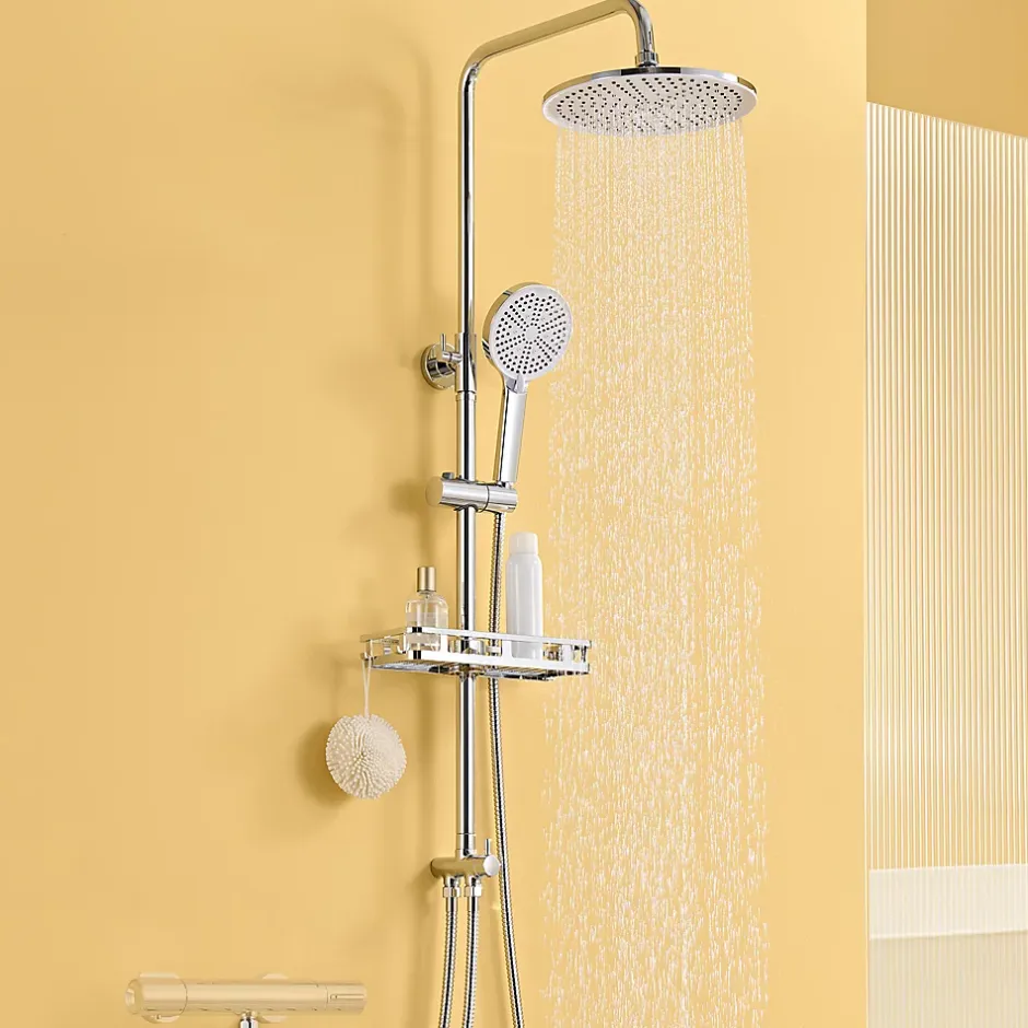Auralum Max Colonne Douche avec Étagère Sans Robinet en Inox Chromée- Ensemble Mural Réglable Avec Pommeau Effet Pluie Rond 25 CM