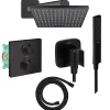 Hansgrohe Colonne douche thermostatique Ecostat Square Douche de tête Vernis Shape Flexible Isiflex Douchette Pulsify E noir mat