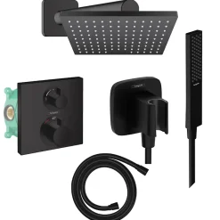 Hansgrohe Colonne douche thermostatique Ecostat Square Douche de tête Vernis Shape Flexible Isiflex Douchette Pulsify E noir mat