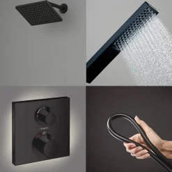 Hansgrohe Colonne douche thermostatique Ecostat Square Douche de tête Vernis Shape Flexible Isiflex Douchette Pulsify E noir mat