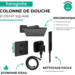 Hansgrohe Colonne douche thermostatique Ecostat Square Douche de tête Vernis Shape Flexible Isiflex Douchette Pulsify E noir mat