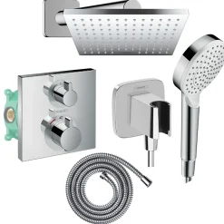 Hansgrohe Colonne douche thermostatique Ecostat Square Douche de tête Vernis Shape Flexible Metaflex Douchette Crometta chromé