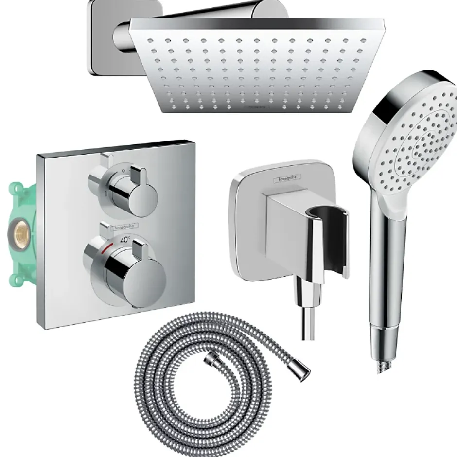 Hansgrohe Colonne douche thermostatique Ecostat Square Douche de tête Vernis Shape Flexible Metaflex Douchette Crometta chromé