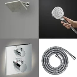 Hansgrohe Colonne douche thermostatique Ecostat Square Douche de tête Vernis Shape Flexible Metaflex Douchette Crometta chromé