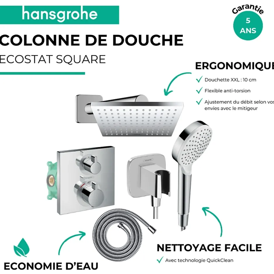 Hansgrohe Colonne douche thermostatique Ecostat Square Douche de tête Vernis Shape Flexible Metaflex Douchette Crometta chromé