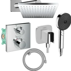 Hansgrohe Colonne douche thermostatique Ecostat Square Douche de tête Vernis Shape Flexible Isiflex Douchette Pulsify chromé