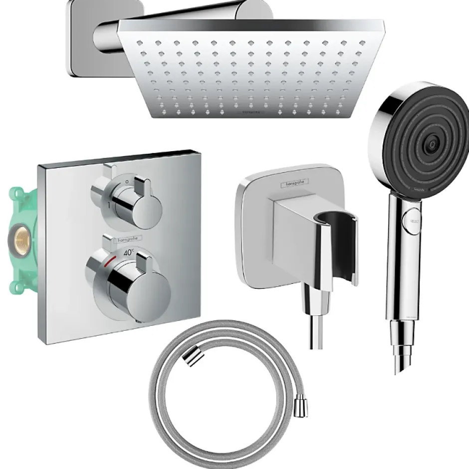 Hansgrohe Colonne douche thermostatique Ecostat Square Douche de tête Vernis Shape Flexible Isiflex Douchette Pulsify chromé