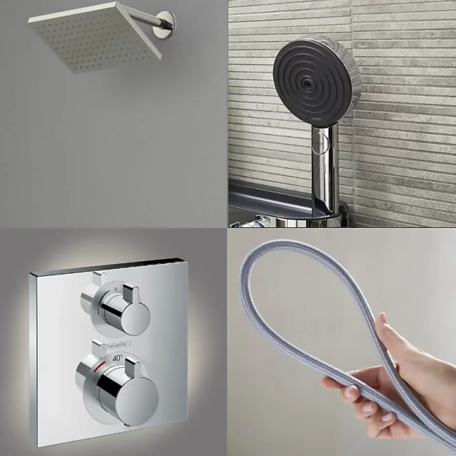 Hansgrohe Colonne douche thermostatique Ecostat Square Douche de tête Vernis Shape Flexible Isiflex Douchette Pulsify chromé