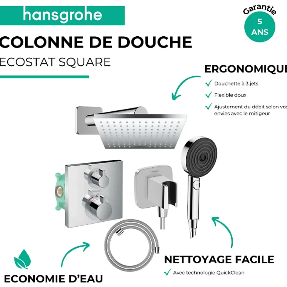 Hansgrohe Colonne douche thermostatique Ecostat Square Douche de tête Vernis Shape Flexible Isiflex Douchette Pulsify chromé