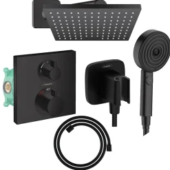 Hansgrohe Colonne douche thermostatique Ecostat Square Douche de tête Vernis Shape Flexible Designflex Douchette Pulsify noir mat* Colonne De Douche Encastrable