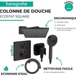 Hansgrohe Colonne douche thermostatique Ecostat Square Douche de tête Vernis Shape Flexible Designflex Douchette Pulsify noir mat* Colonne De Douche Encastrable