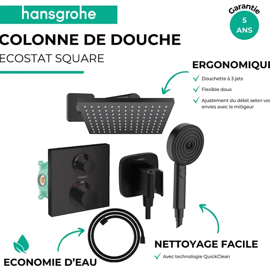 Hansgrohe Colonne douche thermostatique Ecostat Square Douche de tête Vernis Shape Flexible Designflex Douchette Pulsify noir mat* Colonne De Douche Encastrable
