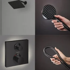 Hansgrohe Colonne douche thermostatique Ecostat Square Douche de tête Vernis Flexible Isiflex Douchette Vernis Blend noir