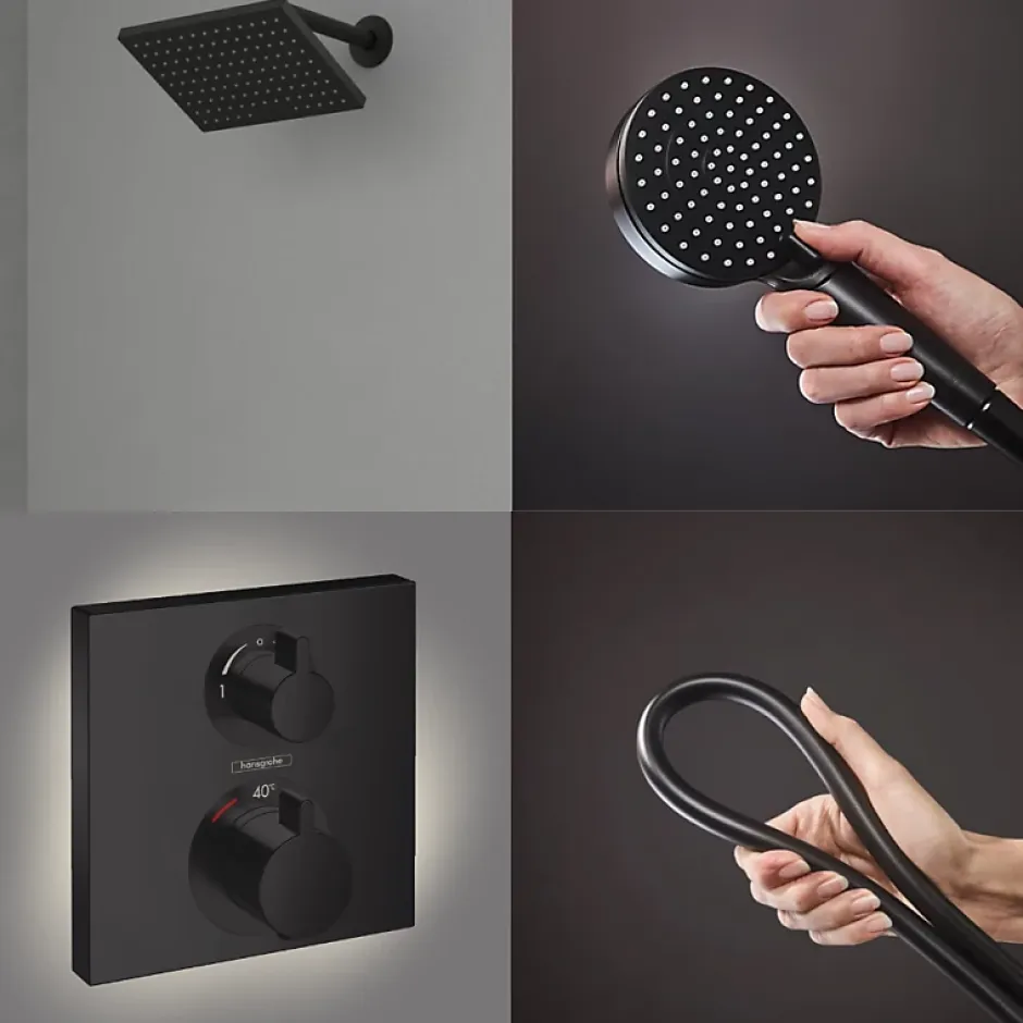 Hansgrohe Colonne douche thermostatique Ecostat Square Douche de tête Vernis Flexible Isiflex Douchette Vernis Blend noir