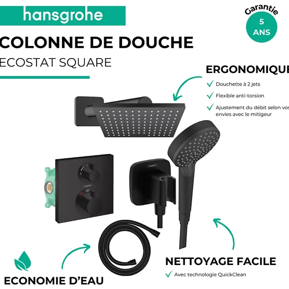 Hansgrohe Colonne douche thermostatique Ecostat Square Douche de tête Vernis Flexible Isiflex Douchette Vernis Blend noir