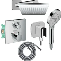 Hansgrohe Colonne douche thermostatique Ecostat Square Douche de tête Vernis Shape Flexible Metaflex Douchette Vernis Blend chromé* Colonne De Douche Encastrable