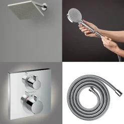 Hansgrohe Colonne douche thermostatique Ecostat Square Douche de tête Vernis Shape Flexible Metaflex Douchette Vernis Blend chromé* Colonne De Douche Encastrable