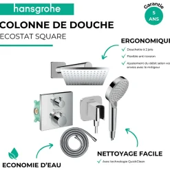 Hansgrohe Colonne douche thermostatique Ecostat Square Douche de tête Vernis Shape Flexible Metaflex Douchette Vernis Blend chromé* Colonne De Douche Encastrable