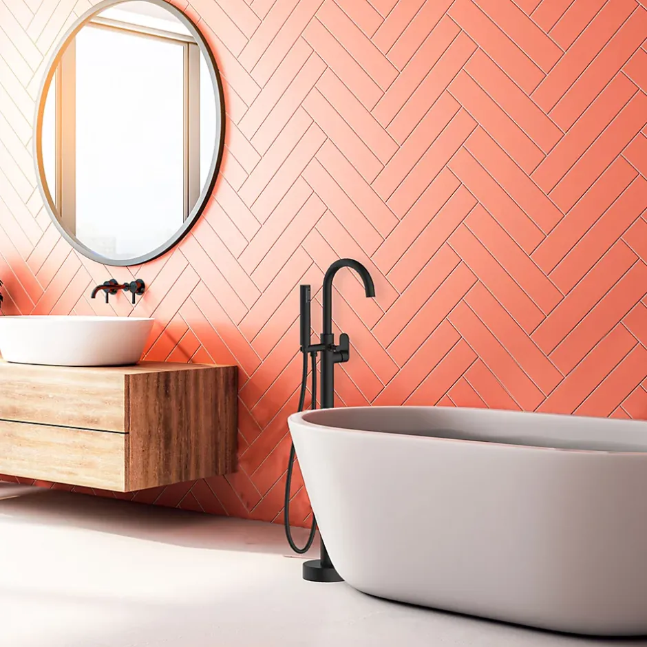 Essebagno Colonne mitigeur mécanique de baignoire îlot + flexible + douchette, H.113 cm, noir,