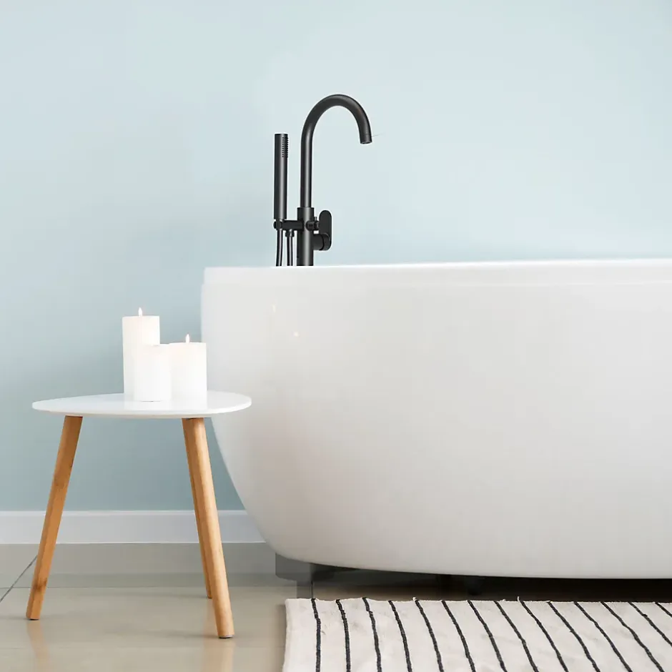 Essebagno Colonne mitigeur mécanique de baignoire îlot + flexible + douchette, H.113 cm, noir,