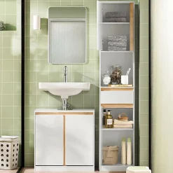 Sobuy Colonne Salle de Bain 2 Portes, Tiroir, Compartiment et étagères Réglables, BZR80-W,