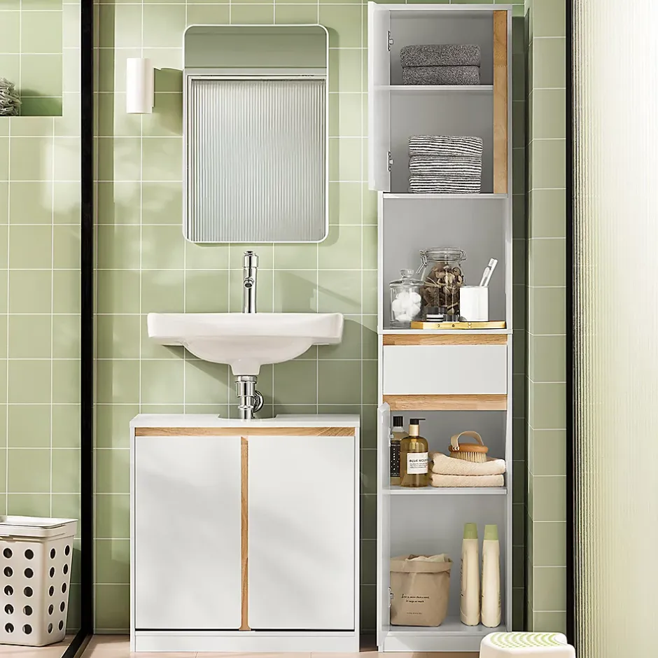 Sobuy Colonne Salle de Bain 2 Portes, Tiroir, Compartiment et étagères Réglables, BZR80-W,