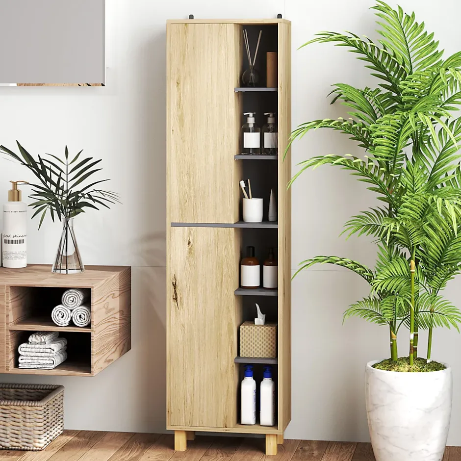 Homcom Colonne salle de bain design H.148 cm - 2 portes, 4 étagères, 6 niches - gris effet bois clair naturel