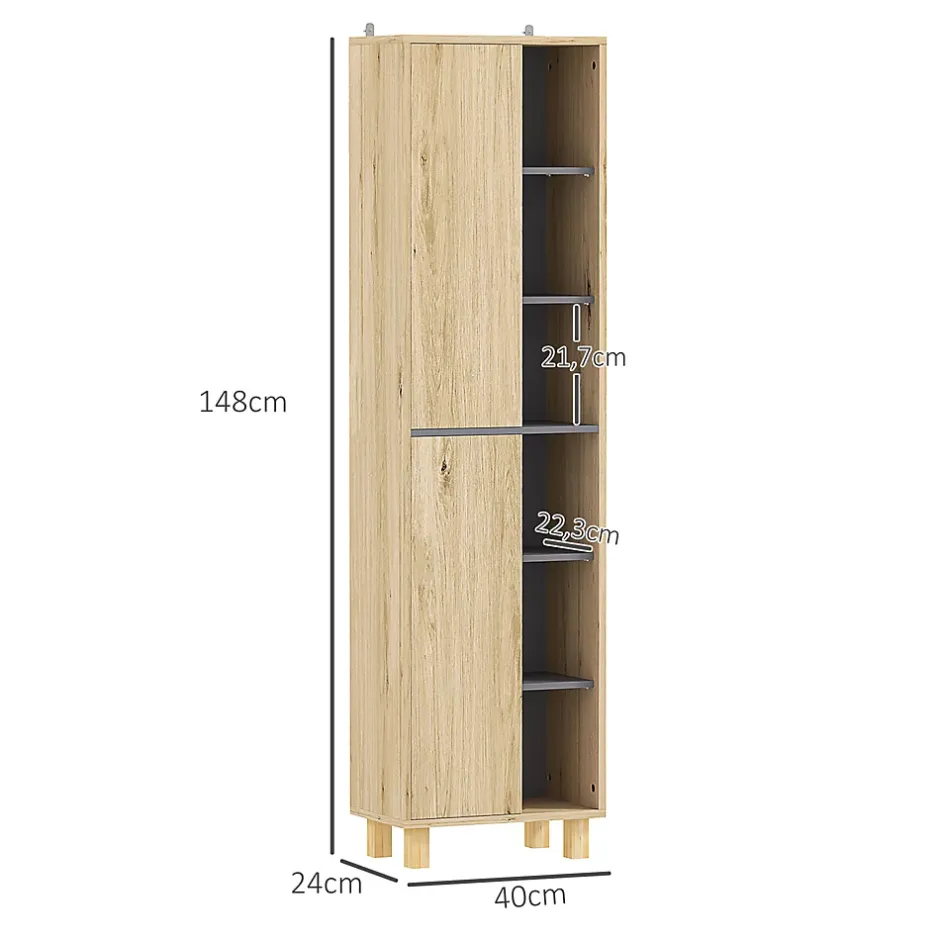 Homcom Colonne salle de bain design H.148 cm - 2 portes, 4 étagères, 6 niches - gris effet bois clair naturel