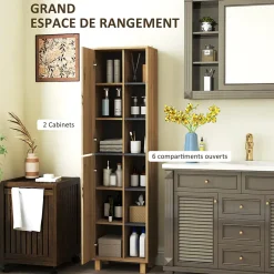 Homcom Colonne salle de bain design H.148 cm - 2 portes, 4 étagères, 6 niches - gris effet bois clair naturel