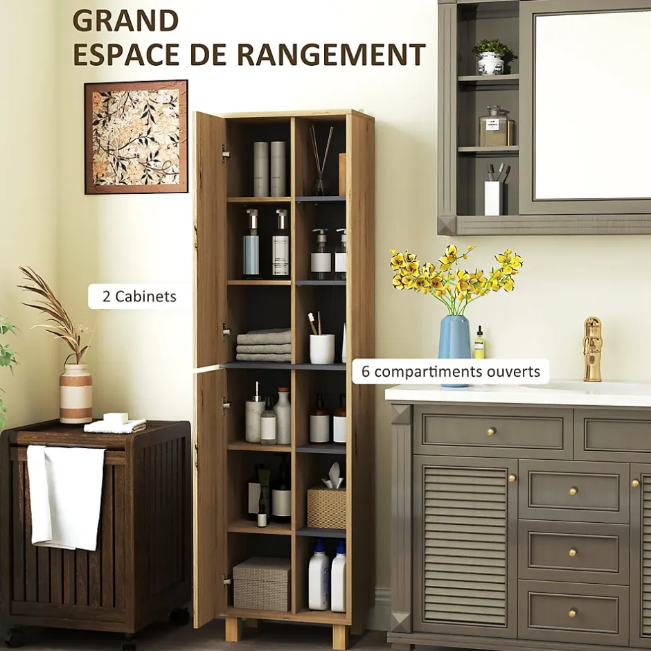 Homcom Colonne salle de bain design H.148 cm - 2 portes, 4 étagères, 6 niches - gris effet bois clair naturel