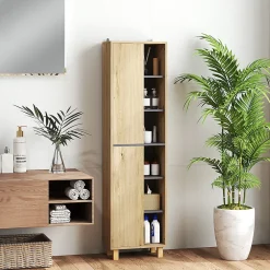 Homcom Colonne salle de bain design H.148 cm - 2 portes, 4 étagères, 6 niches - gris effet bois clair naturel
