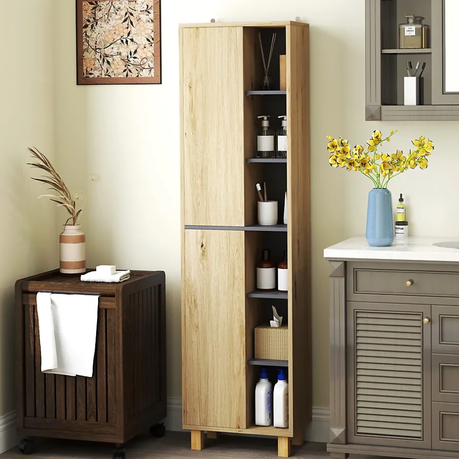 Homcom Colonne salle de bain design H.148 cm - 2 portes, 4 étagères, 6 niches - gris effet bois clair naturel