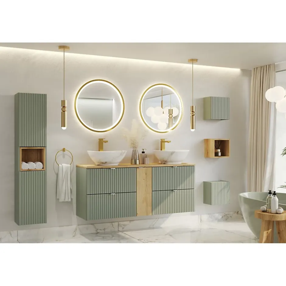 Meublorama Colonne salle de bain ELVINA 2 portes H140 cm Coloris vert sauge pastel Meuble suspendu* Colonne De Salle De Bains