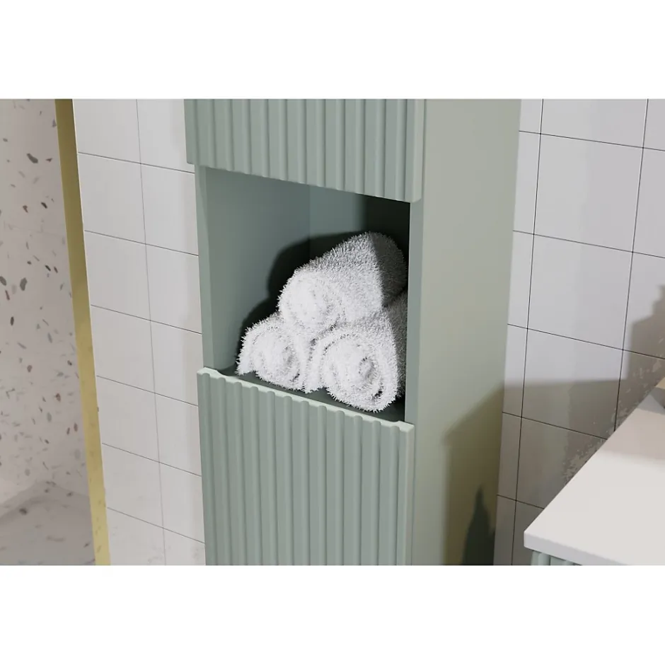 Meublorama Colonne salle de bain ELVINA 2 portes H140 cm Coloris vert sauge pastel Meuble suspendu* Colonne De Salle De Bains
