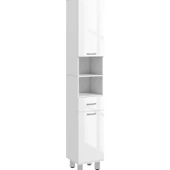 kleankin Colonne salle de bain H.180cm façade blanc laqué 2 portes, 2 étagères, 2 niches, tiroir