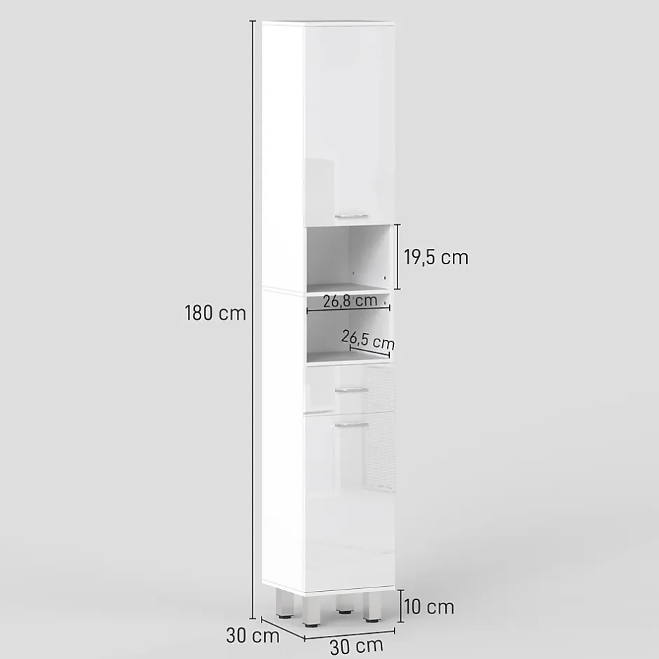 kleankin Colonne salle de bain H.180cm façade blanc laqué 2 portes, 2 étagères, 2 niches, tiroir