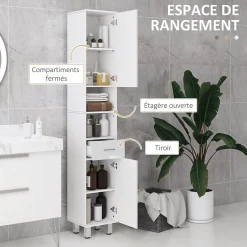 kleankin Colonne salle de bain H.180cm façade blanc laqué 2 portes, 2 étagères, 2 niches, tiroir