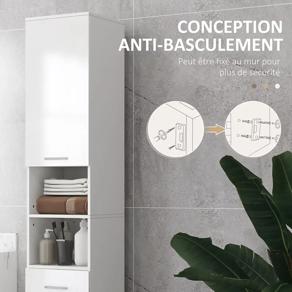 kleankin Colonne salle de bain H.180cm façade blanc laqué 2 portes, 2 étagères, 2 niches, tiroir