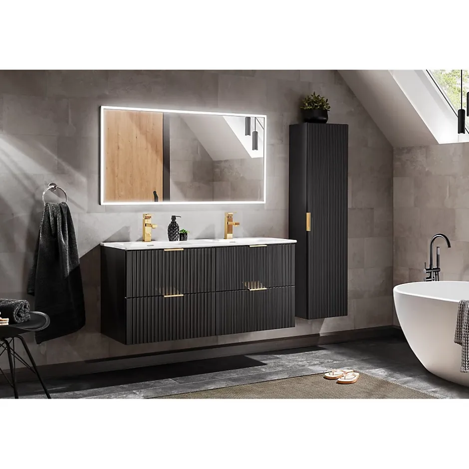 Meublorama Colonne salle de bain NOXERA 1 porte Noir mat Design rainuré et poignées personnalisables