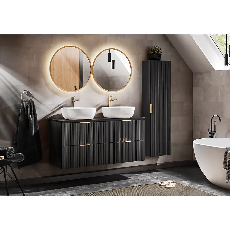 Meublorama Colonne salle de bain NOXERA 1 porte Noir mat Design rainuré et poignées personnalisables