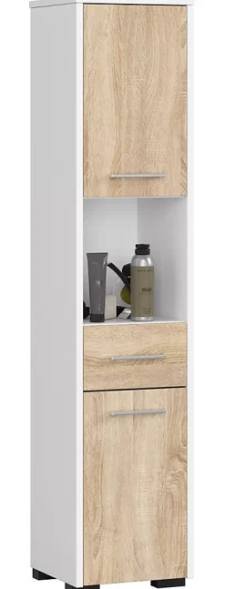 Akord Furniture Factory Colonne salle de bains AKORD FIN Blanche 30 cm 2 portes 1 tiroir façade Chêne Sonoma 5 étagères 30x30x140 cm* Colonne De Salle De Bains