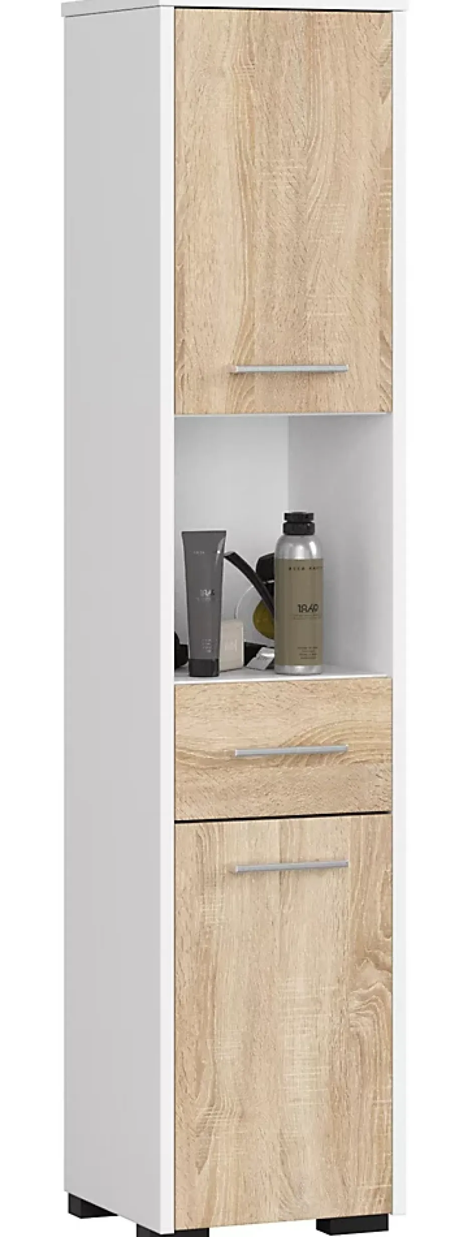 Akord Furniture Factory Colonne salle de bains AKORD FIN Blanche 30 cm 2 portes 1 tiroir façade Chêne Sonoma 5 étagères 30x30x140 cm* Colonne De Salle De Bains