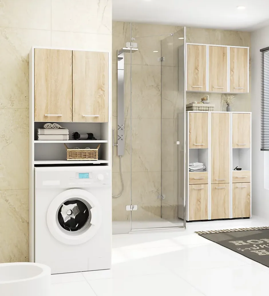 Akord Furniture Factory Colonne salle de bains AKORD FIN Blanche 30 cm 2 portes 1 tiroir façade Chêne Sonoma 5 étagères 30x30x140 cm* Colonne De Salle De Bains