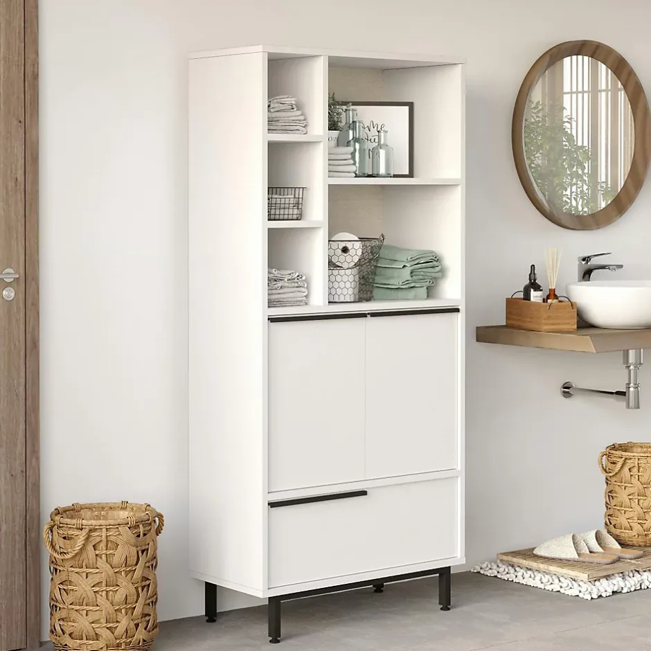Pier Import Colonne salle de bains blanche 3 portes 5 niches JENA* Armoire De Salle De Bains