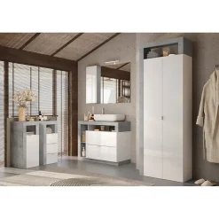 Meublorama Commode de salle de bains BURA 3 tiroirs L35 cm Blanc brillant laqué et gris aspect béton