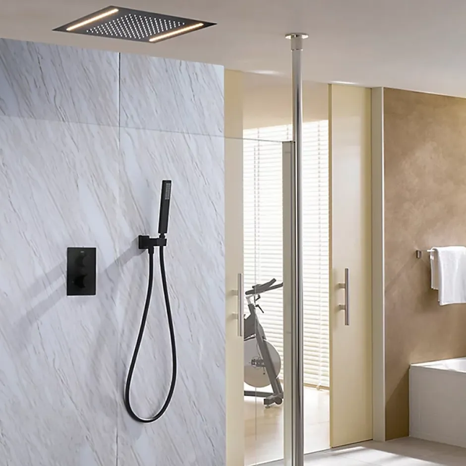 Artisse Composition de douche Ciel de pluie 400x400 mm noir mat led, thermostatique, Secax