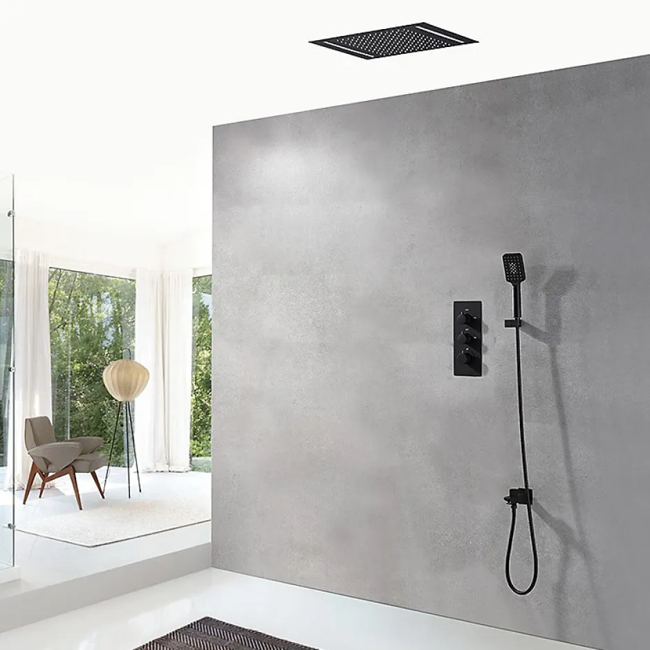 Artisse Composition de douche Ciel de pluie 400x400 mm noir mat led, thermostatique, Secax