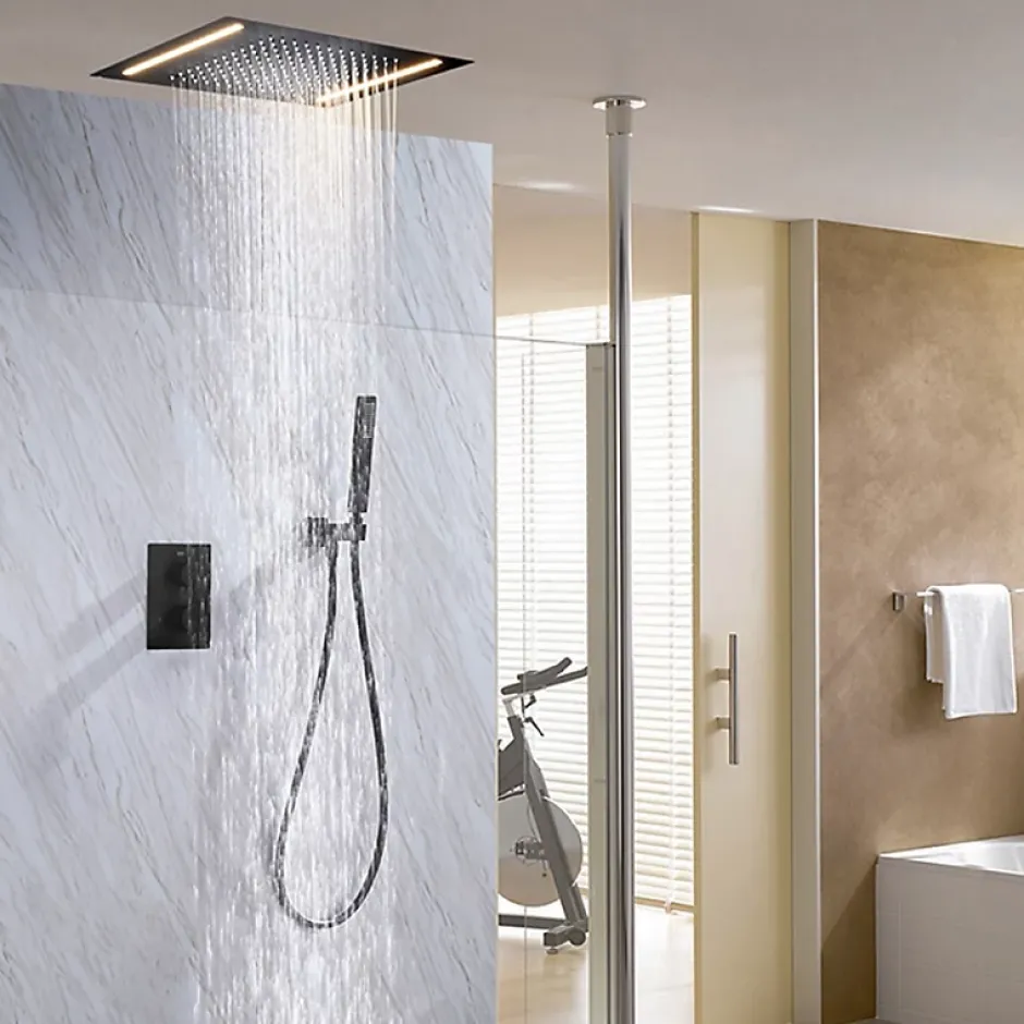 Artisse Composition de douche Ciel de pluie 400x400 mm noir mat led, thermostatique, Secax