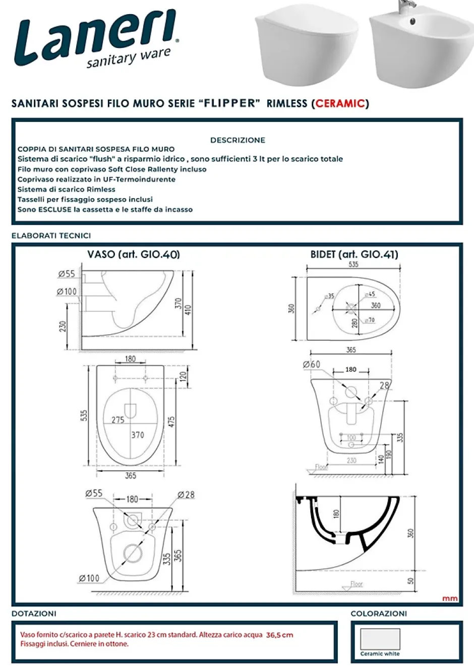 Laneri Couple de sanitaires suspendu Rimless sans bride, gamme Flipper avec abattant soft-close inclus* Wc À Poser