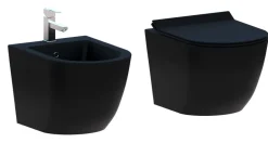 Laneri Couple de sanitaires suspendu Rimless sans bride, gamme New Bent de couleur noire mat avec abattant soft-close inclus